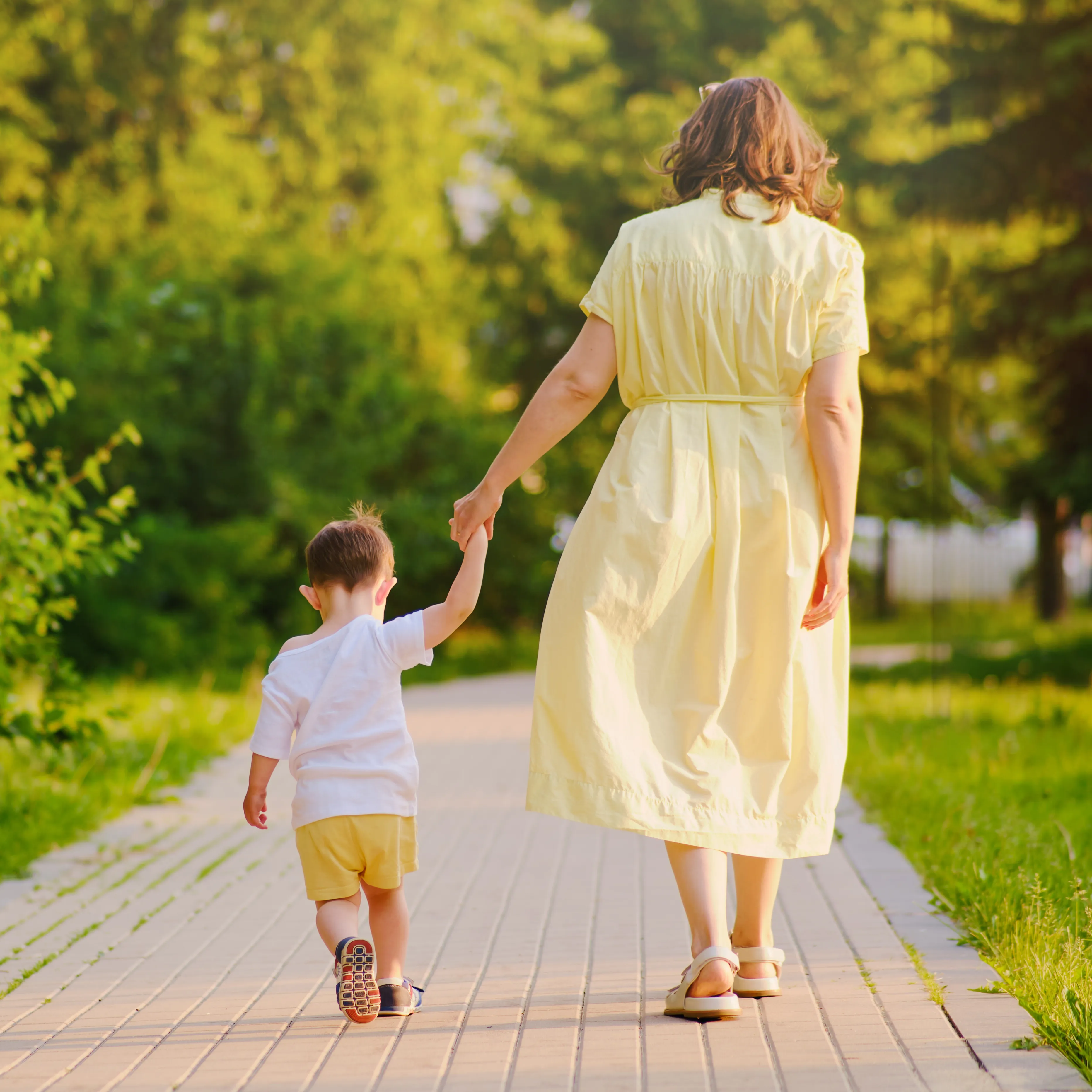 Parent walking a child to school in Oak Park, Illinois